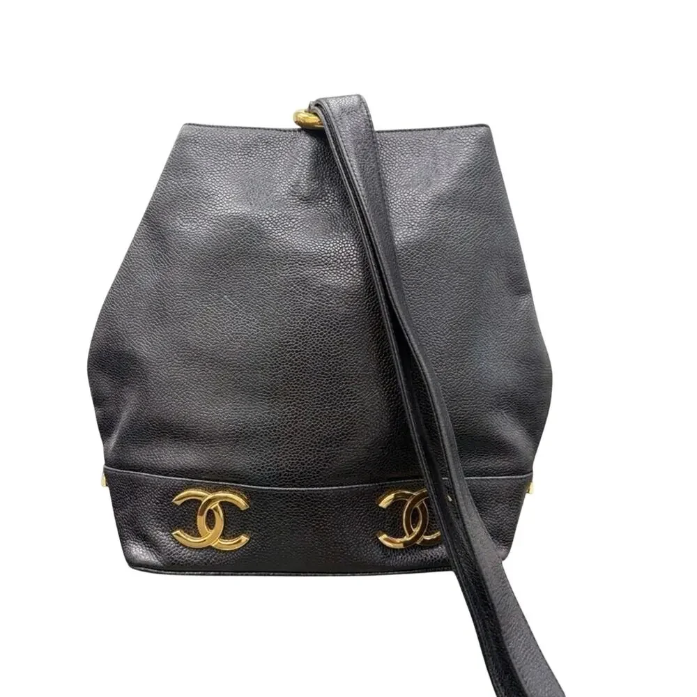 Authentic Vintage CC Chanel Black Caviar Bucket Shoulder Bag gold hardware